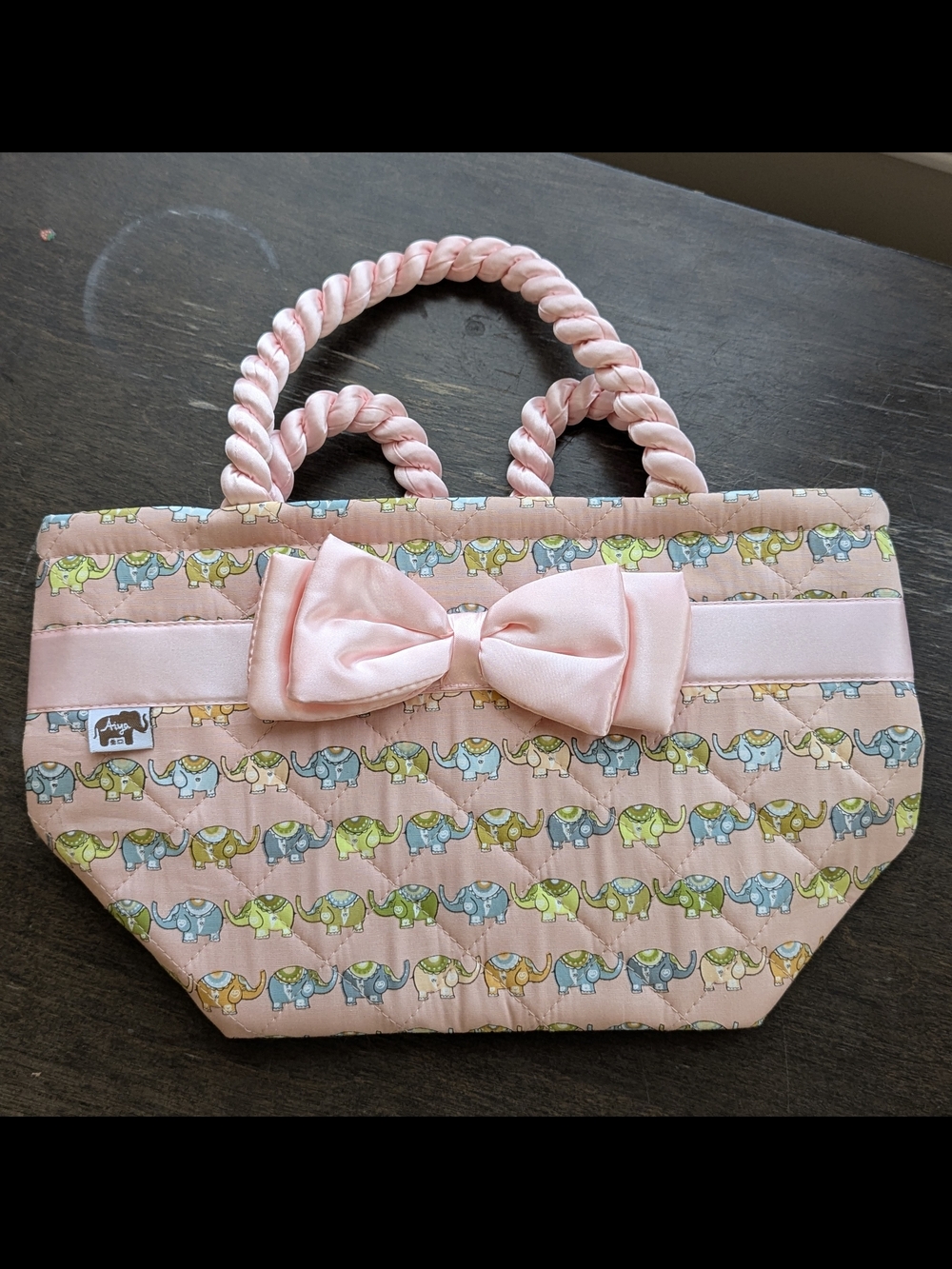 Pink Quilted Elephant Print Tote with Bow